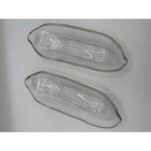 Vintage Heavy Clear Pressed Glass Corn Cob Holder Dishes Set Of 2 Indiana Style